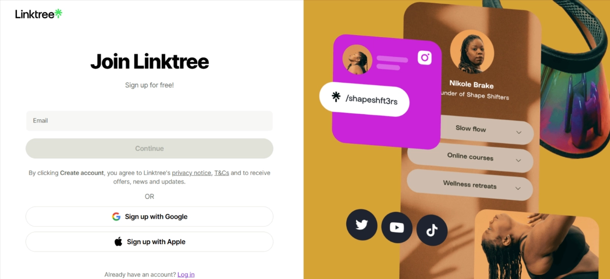 Giao diện trang đăng ký miễn phí của Linktree, hiển thị ô nhập email và nút Đăng ký