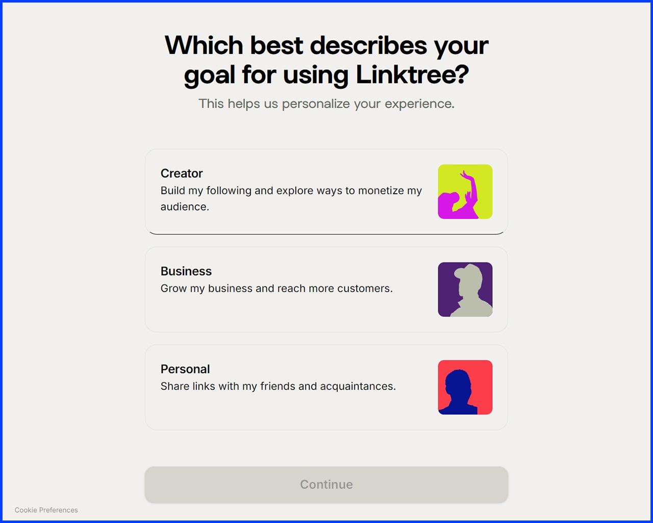 Lựa chọn mục tiêu khi sử dụng Linktree: Creator, Business hoặc Personal