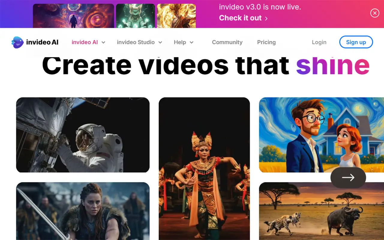 Giao diện chính của InVideo AI với trình chỉnh sửa video kéo thả và mẫu sẵn