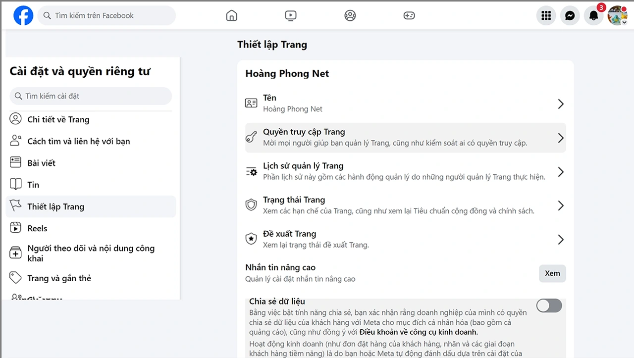 thiết lập quyền truy cập trang để thêm quản trị viên fanpage