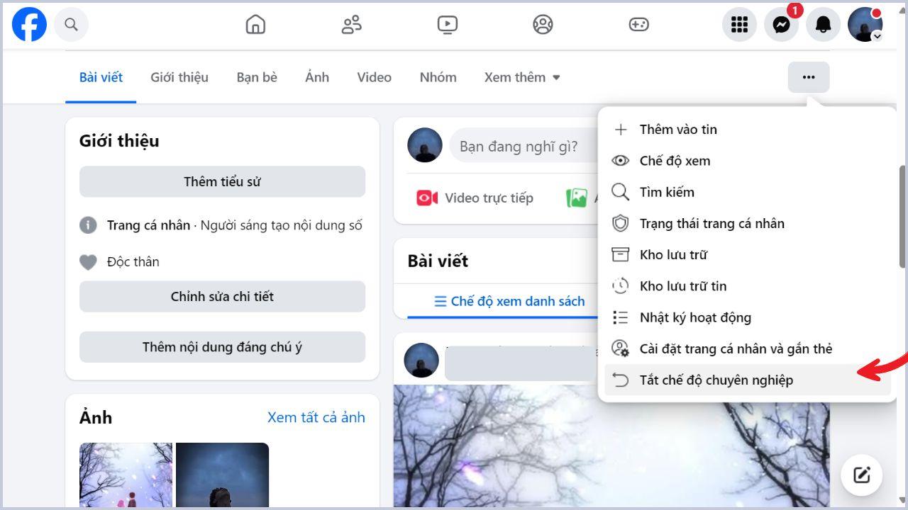 Chọn Tắt chế độ chuyên nghiệp trên Facebook máy tính
