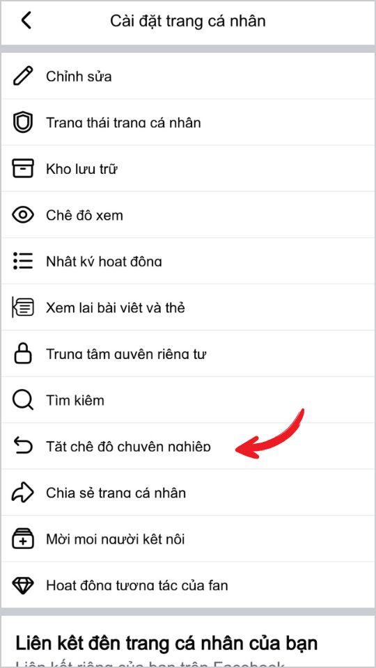 Chọn tùy chọn tắt chế độ chuyên nghiệp trong menu Facebook trên điện thoại.