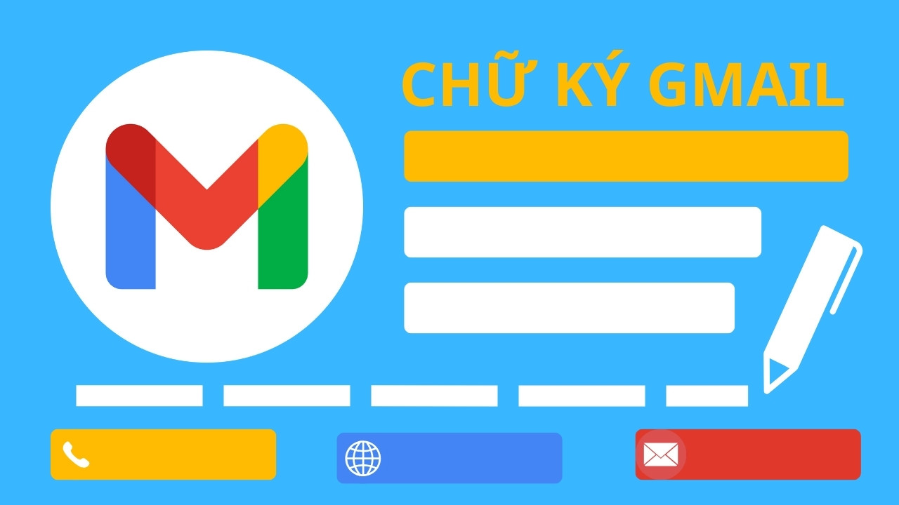 Ảnh minh họa cách tạo chữ ký Gmail chuyên nghiệp trên máy tính và điện thoại với biểu tượng Gmail, điện thoại, website, email.