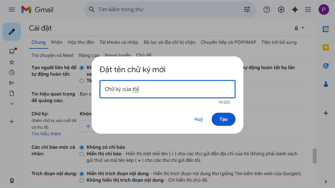 Giao diện Gmail yêu cầu đặt tên chữ ký mới trước khi soạn nội dung