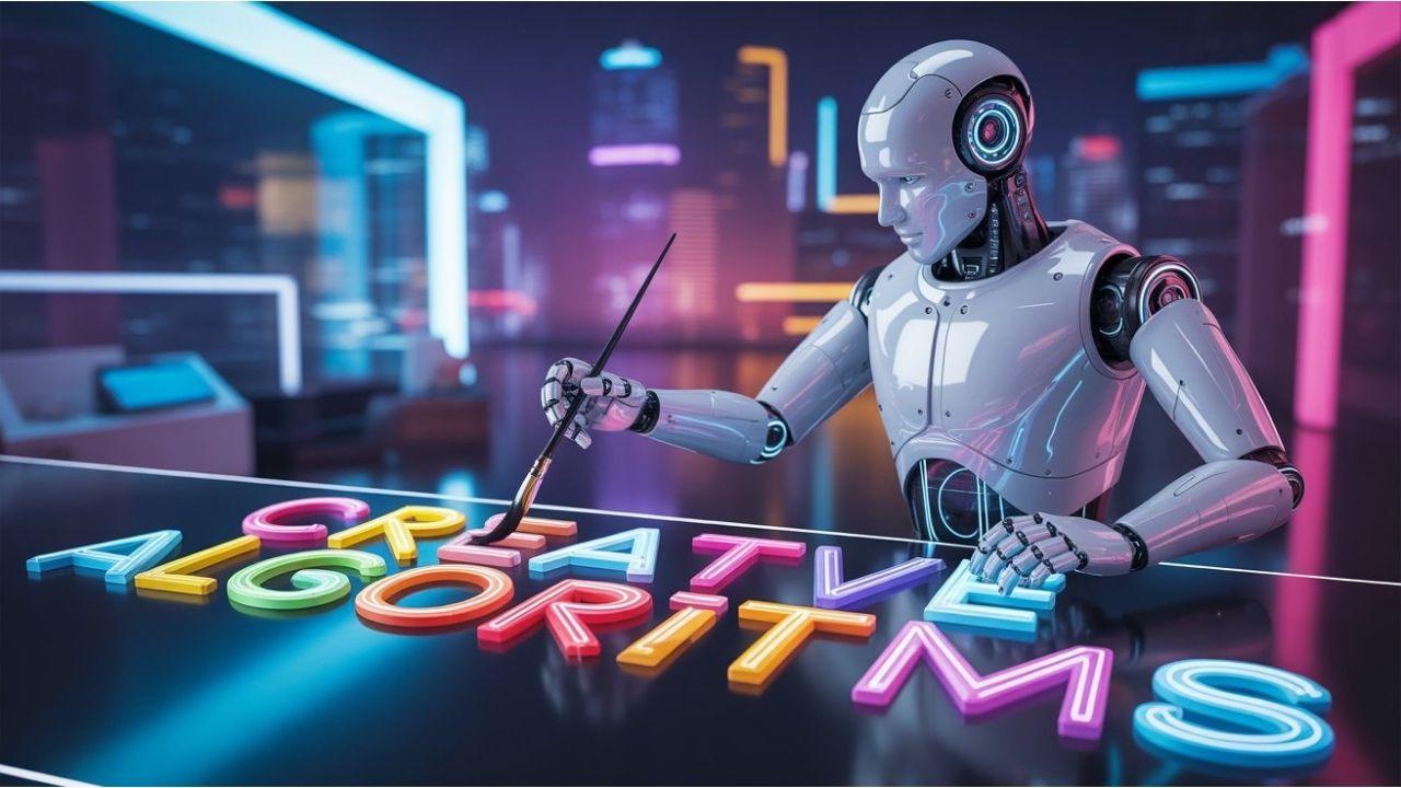 Robot AI tương lai vẽ kiểu chữ đầy màu sắc trên canvas kỹ thuật số được tạo bởi Ideogram AI