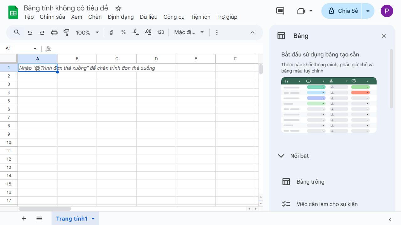 Giao diện mặc định của Google Sheets với tiêu đề bảng tính