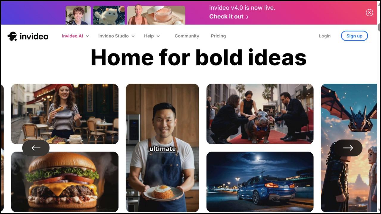 Giao diện chính của InVideo AI với các định dạng video tạo bằng trí tuệ nhân tạo