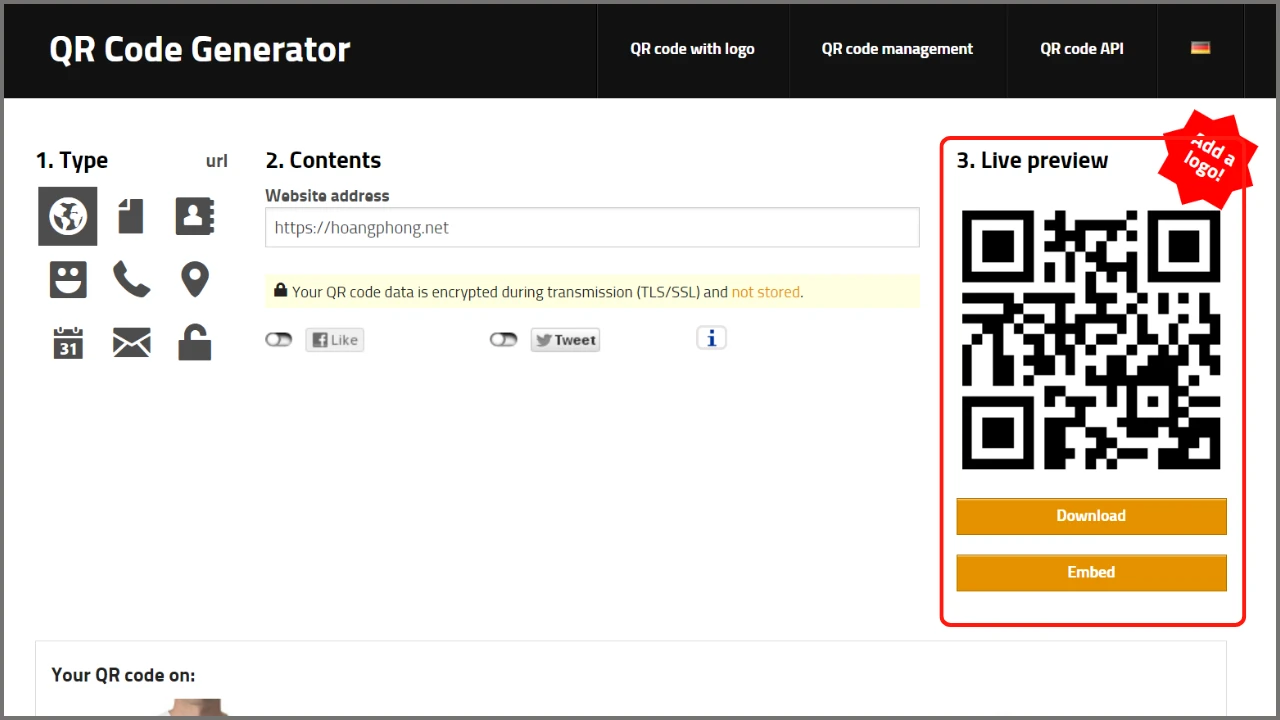 Mã QR code cho đường link hiển thị trực tiếp sau khi nhập vào công cụ miễn phí