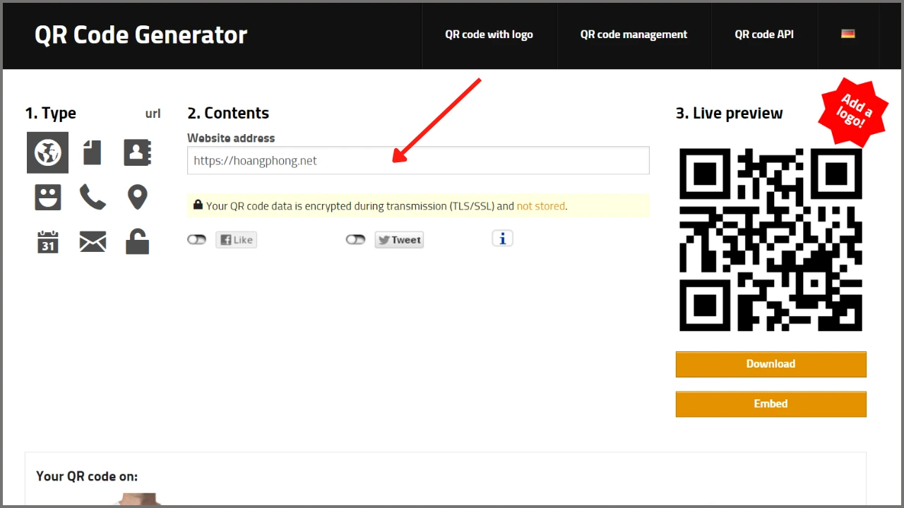 Nhập đường link vào ô trống trên GoQR để tạo mã QR code miễn phí