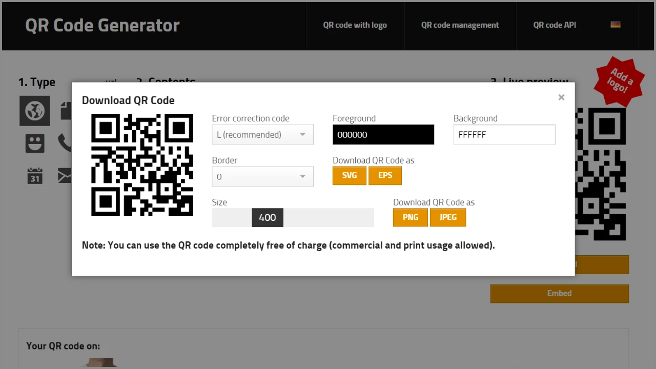 Tải mã QR code cho đường link miễn phí dưới nhiều định dạng PNG, JPEG, SVG, EPS