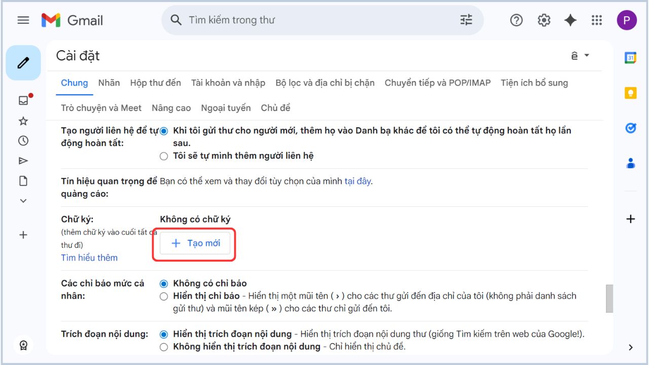 Cách tạo chữ ký Gmail: vào tab Chung, mục Chữ ký và chọn Tạo mới