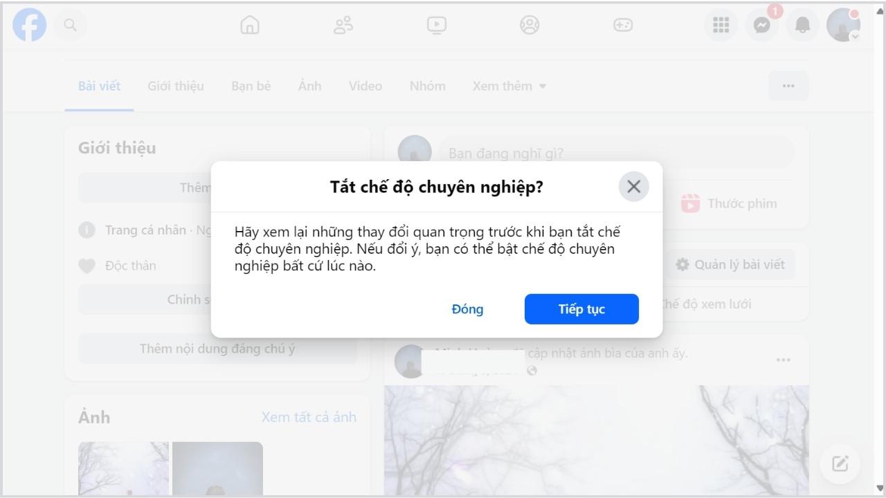 Xác nhận tắt chế độ chuyên nghiệp Facebook trên máy tính