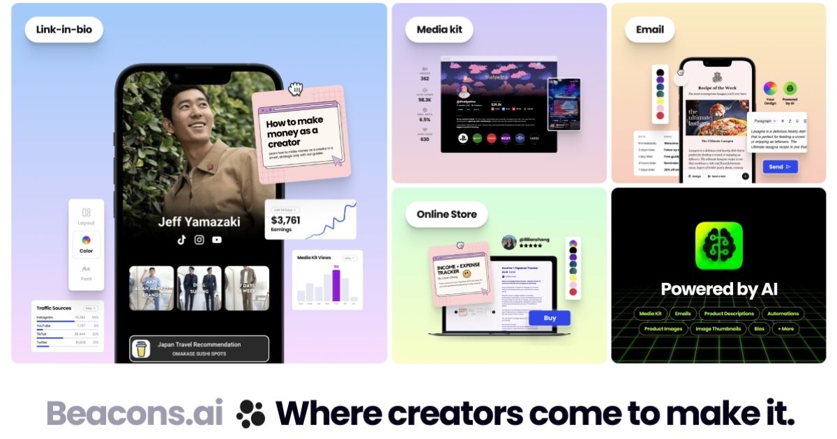Các khối tính năng nổi bật của Beacons.ai như bán hàng, email, paywall và AI.