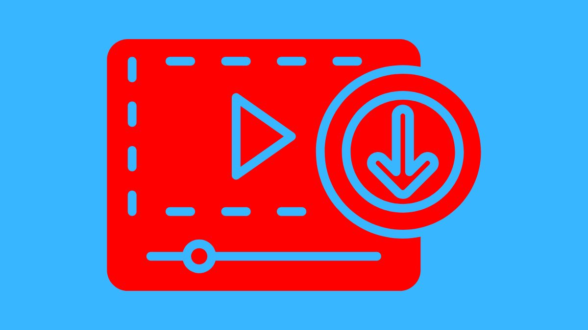 Biểu tượng tải video YouTube về máy tính màu đỏ trên nền xanh lam.