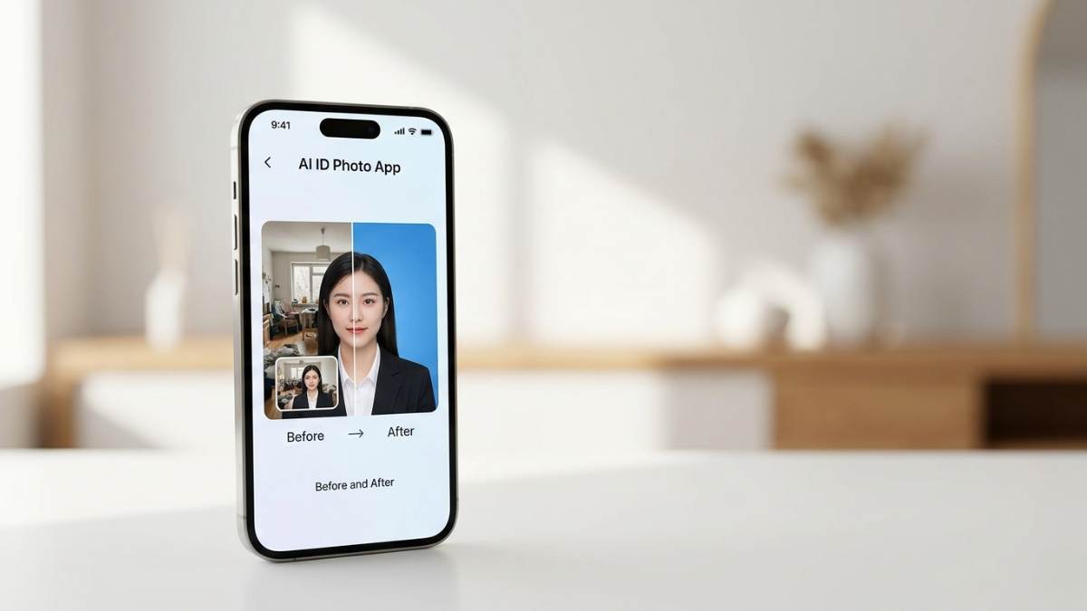 Ứng dụng AI ID Photo App biến ảnh chụp tại nhà thành ảnh thẻ chuyên nghiệp phông nền xanh.