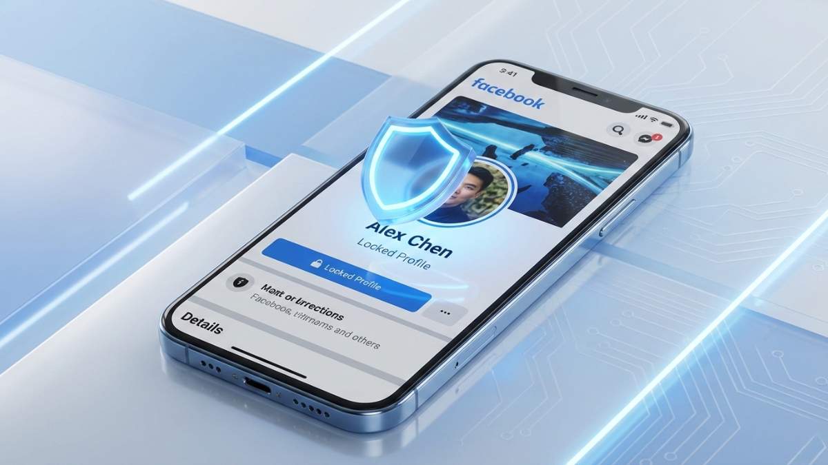 Một người dùng đang sử dụng điện thoại có biểu tượng khiên bảo vệ Facebook hiện lên.