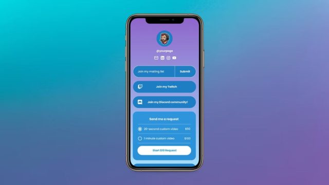 Màn hình điện thoại hiển thị giao diện Beacons.ai Link In Bio với các liên kết mạng xã hội và cửa hàng kiếm tiền