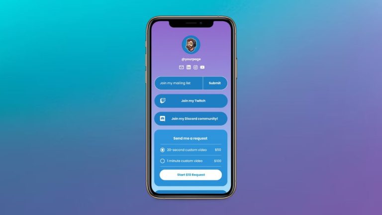Màn hình điện thoại hiển thị giao diện Beacons.ai Link In Bio với các liên kết mạng xã hội và cửa hàng kiếm tiền