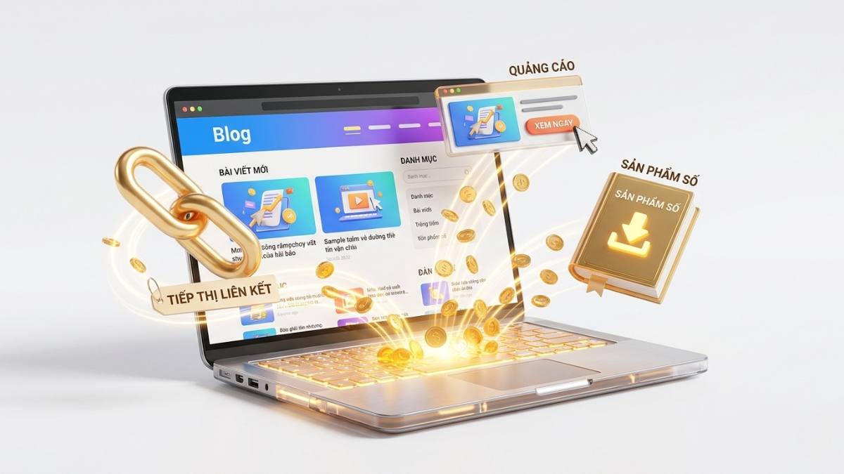 Sơ đồ chi tiết các nguồn thu nhập từ blog bao gồm tiếp thị liên kết, quảng cáo và bán sản phẩm số
