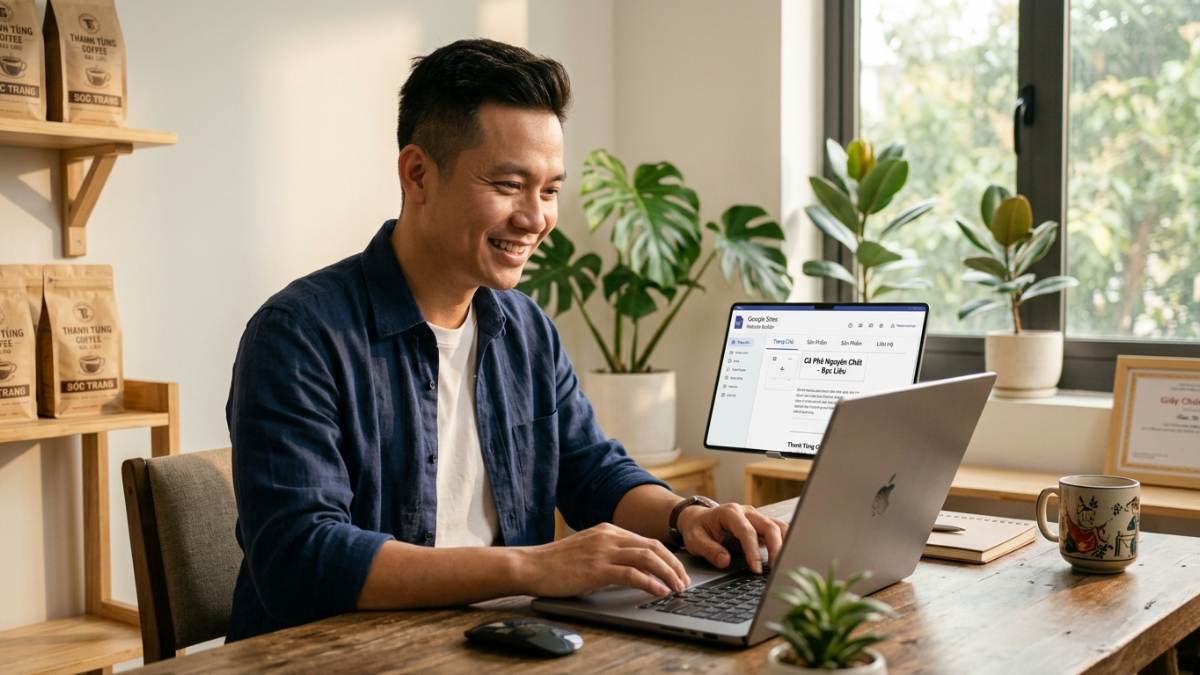 Chủ doanh nghiệp đang tự thiết kế website bằng Google Sites trên laptop
