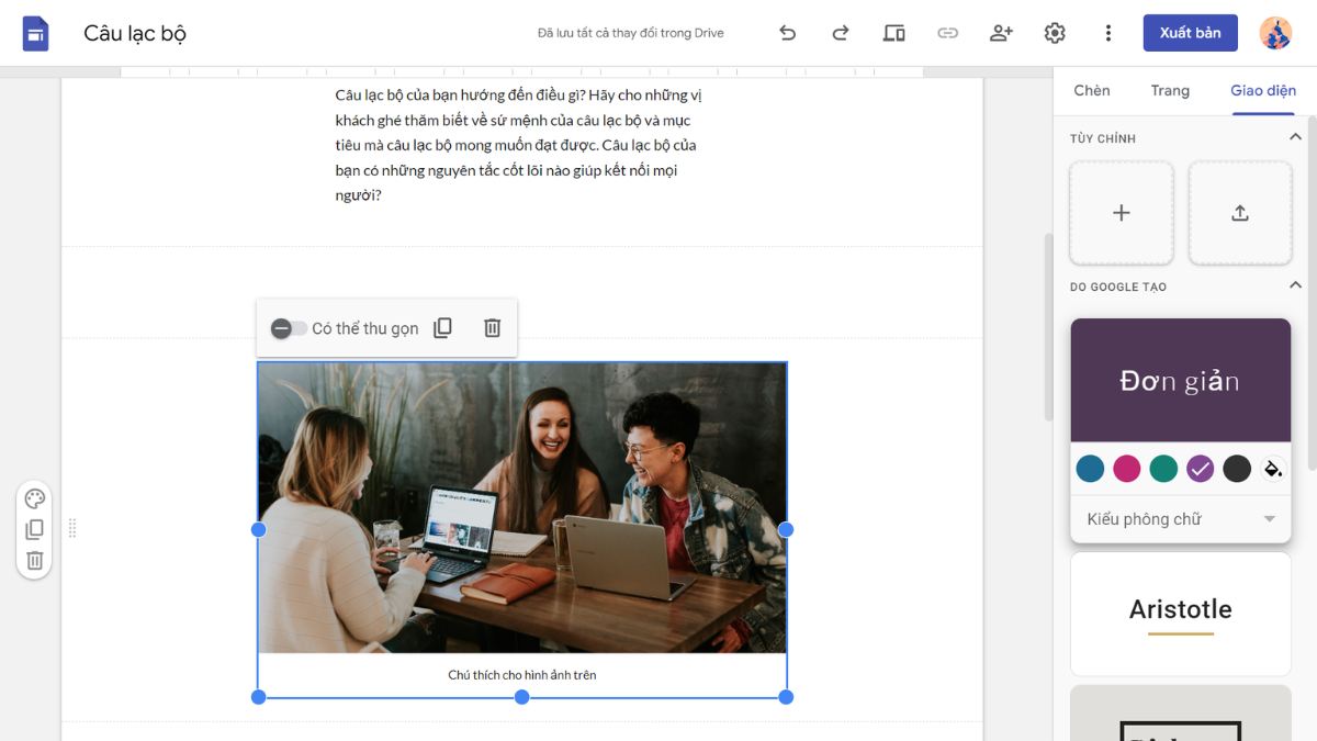 Màn hình làm việc kéo thả của Google Sites giúp người dùng dễ dàng chỉnh sửa website mà không cần code.