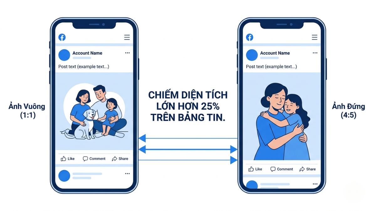 Hình ảnh so sánh sự khác biệt giữa ảnh vuông 1:1 và ảnh đứng 4:5 trên giao diện điện thoại.