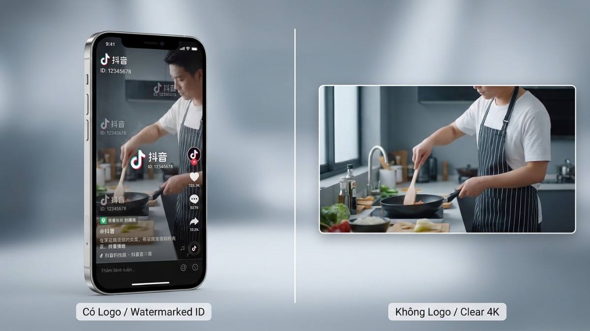 Hình ảnh minh họa sự khác biệt giữa video Douyin dính watermark và video đã được xóa logo.